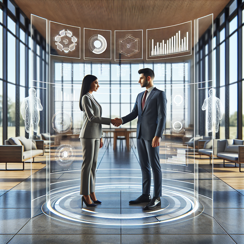 Generate an image portraying a transparent handshake between a client and a service provider in a sleek, modern office environment. The room is filled with digital displays showing real-time data, analytics, and graphs that emphasize the transparency and goal-oriented nature of the No Cure No Pay model in telemarketing.