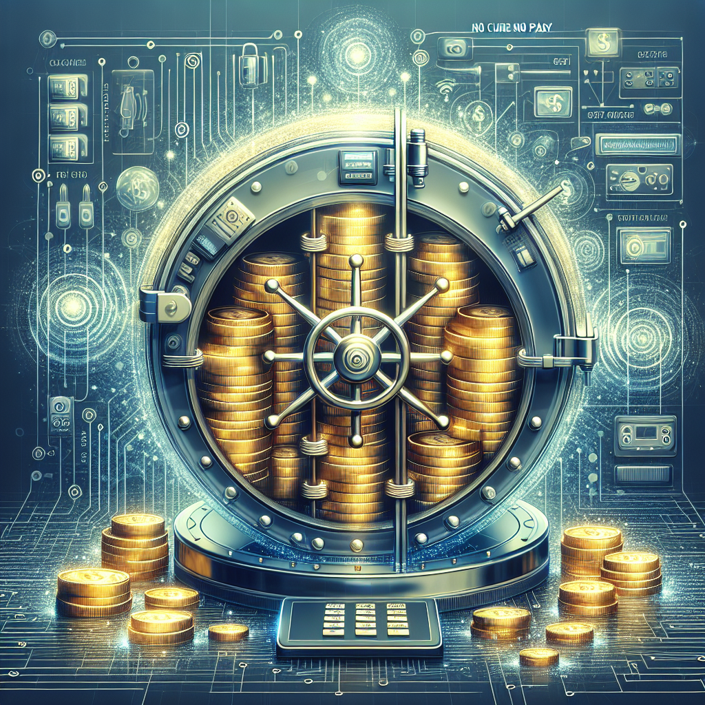 Generate an image depicting a risk-free investment in the context of phone sales. Showcase a symbolic representation of security and transparency, such as a clear vault filled with coins labeled 'No Cure No Pay.' The background should include abstract elements representing phone signals and network connections.