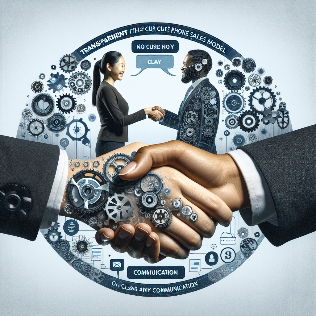 Generate an image focused on transparency in the 'No Cure No Pay' model for phone sales. Visualize a handshake between a client and a sales representative, with transparent gears and mechanisms in the backdrop illustrating the inner workings of this sales model. Include elements that represent clear communication, like speech bubbles or communication waves.