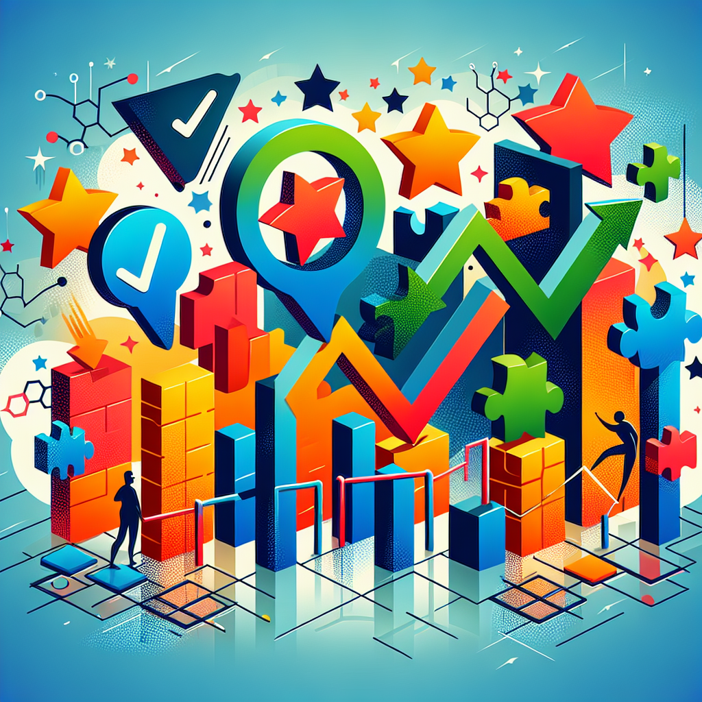 Generate an image that highlights the challenges of quality risks in 'No Cure No Pay' telemarketing. Create an abstract composition where quality assurance symbols, like check-marks and stars, face hurdles and obstacles represented by brick walls and puzzles. Use vibrant colors to emphasize the dynamic nature of overcoming these challenges.