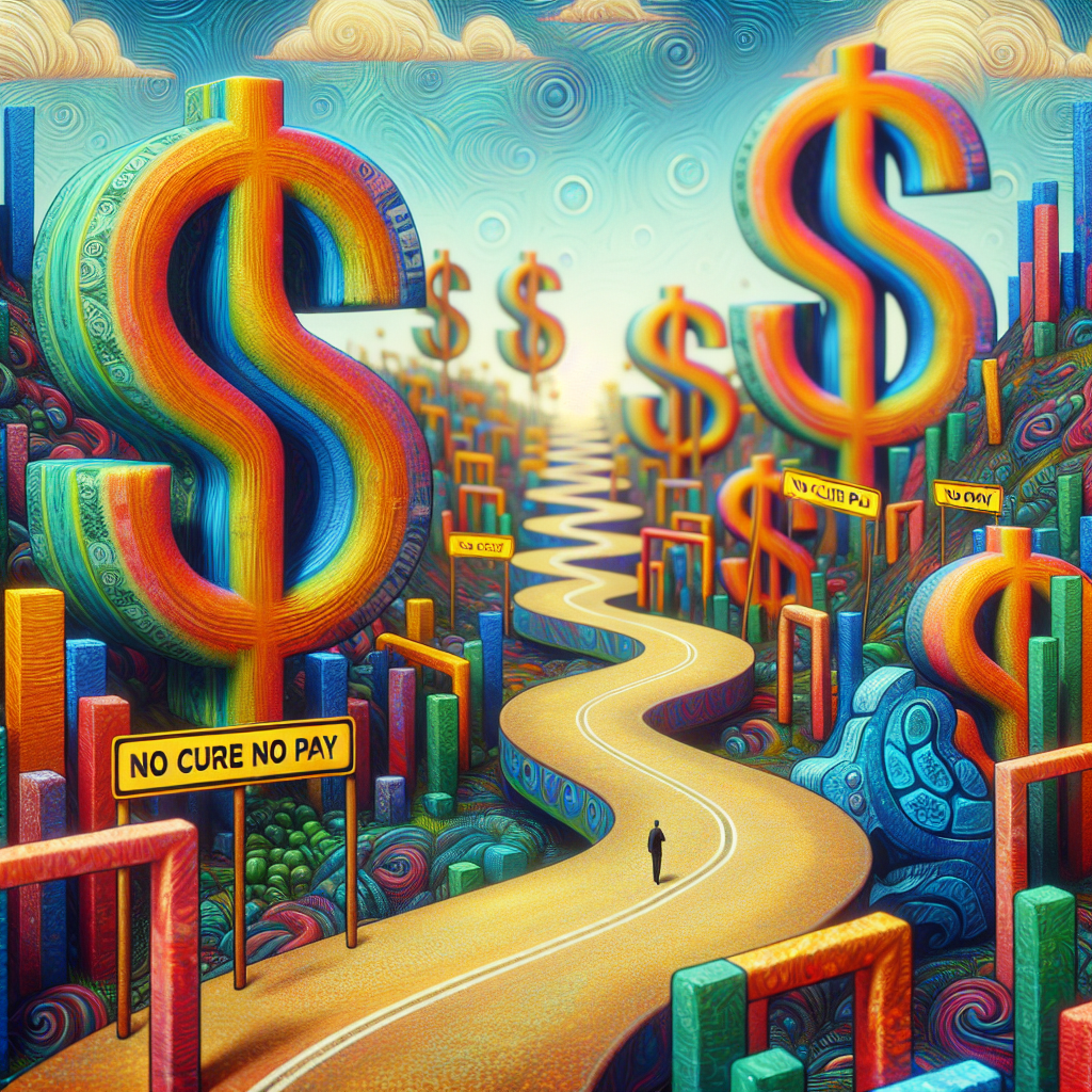 Generate an image depicting a path filled with various obstacles symbolizing the challenges of 'No Cure No Pay' sales models. This path, winding through a business landscape, includes hurdles like oversized dollar signs and roadblocks labeled 'Hidden Costs'. The style should be surreal with vivid colors, reflecting the complex and unpredictable nature of these sales models.
