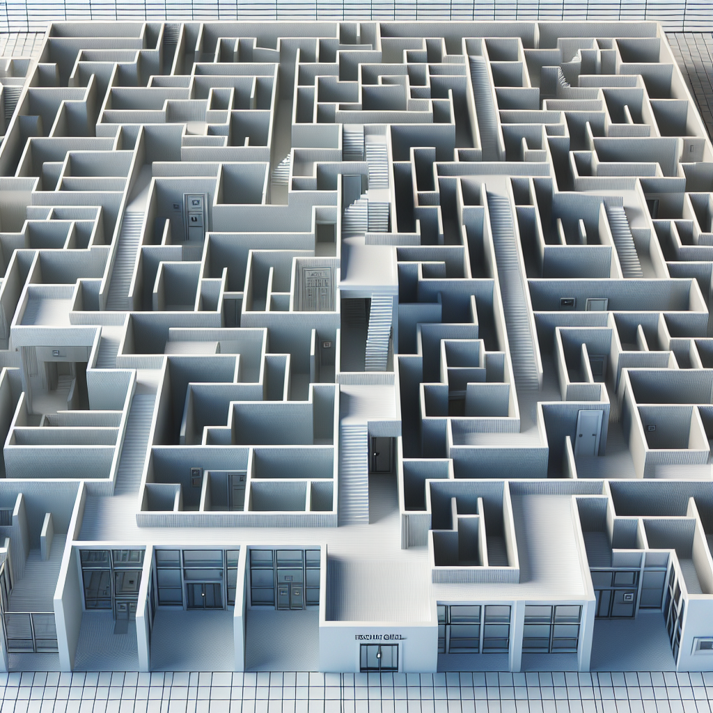 Generate an image of a maze with multiple paths inside an office building, representing the limited control and decision-making in 'No Cure No Pay'. The paths lead to different outcomes, some positive and others with pitfalls. Use an abstract art style to convey the complexity and confusion inherent in navigating these models.