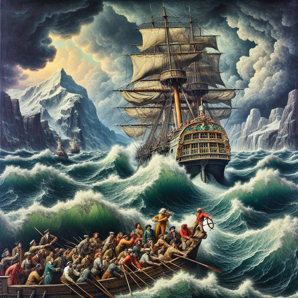 Generate an image of a ship navigating through stormy seas, symbolizing the business risk in 'No Cure No Pay'. The waves are high, and the sky is dark, with the ship's crew working hard to steer it safely. Use a dramatic, painterly style to convey the high stakes and need for skillful navigation in such business deals.