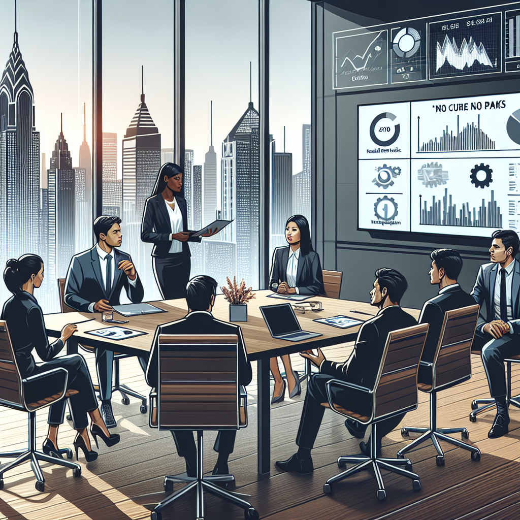 Generate an image of a business meeting where a diverse group of professionals are enthusiastically discussing the 'No Cure No Pay' sales model. The scene includes charts and graphs on a digital board that show reduced financial risks and increased motivation. The setting is a modern conference room with a view of a bustling city skyline.