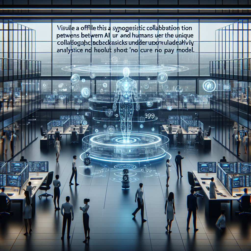 Generate an image of a futuristic office environment where AI and humans collaboratively work under the 'No Cure No Pay' model. Include holographic displays that show real-time data analytics, and depict a transparent and flexible workflow that emphasizes quality and results. The style should be sleek and high-tech.