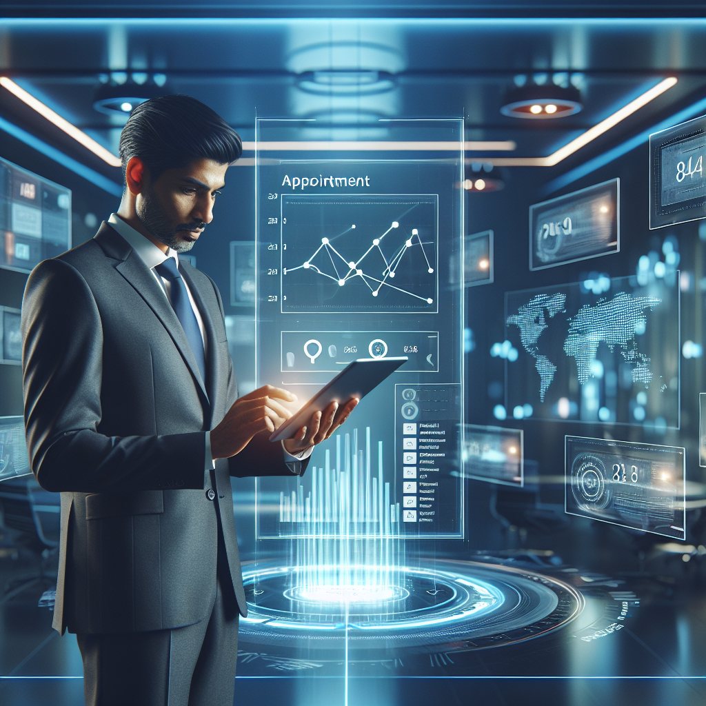 Generate an image depicting a futuristic office space where a confident business person is reviewing a tablet screen showing appointment metrics. The background should include holographic displays of calendars and refund processes, in a sleek, high-tech ambiance.