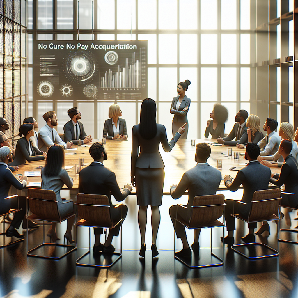 Generate an image of a bustling modern office setting where business executives are discussing strategies over a large table. The focus is on a central figure pointing to a presentation slide that reads 'No Cure No Pay Acquisition'. The room is filled with natural light, and the executives look optimistic and engaged.