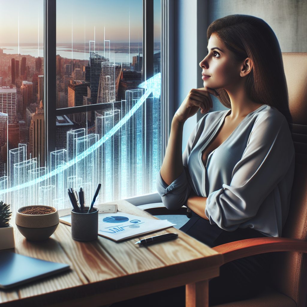 Generate an image of a small business owner, looking thoughtfully at a city skyline from their small yet cozy office. The window has a reflection of a graph chart showing positive growth, symbolizing new market opportunities through 'No Cure No Pay' acquisition. The atmosphere is hopeful and forward-looking.