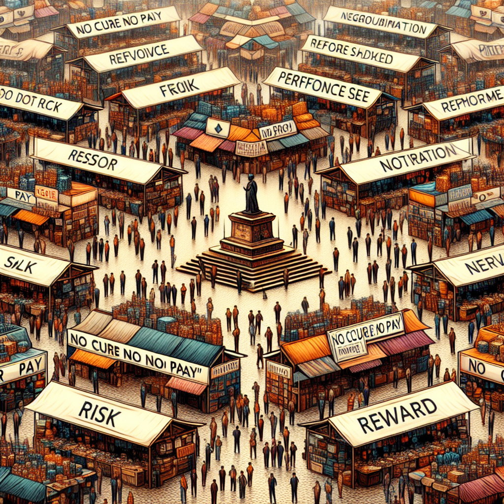 Generate an image of a colorful and vibrant market scene with various stalls and vendors, each symbolizing different aspects of 'No Cure No Pay'. In the middle, a large sign reads 'Focus on Results' as people interact dynamically, symbolizing the hustle and efficiency of optimized sales strategies in a diverse market.
