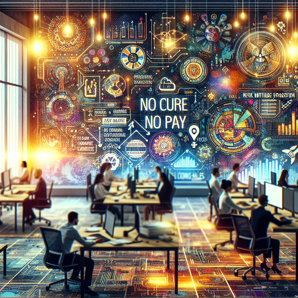 Generate an image of a fast-growing tech startup. The office is lively, with young professionals collaborating over digital devices. The walls have motivational posters related to reducing risks and strategic sales. In the background, a futuristic digital board displays the concept of 'No Cure No Pay', enhancing the innovative atmosphere.