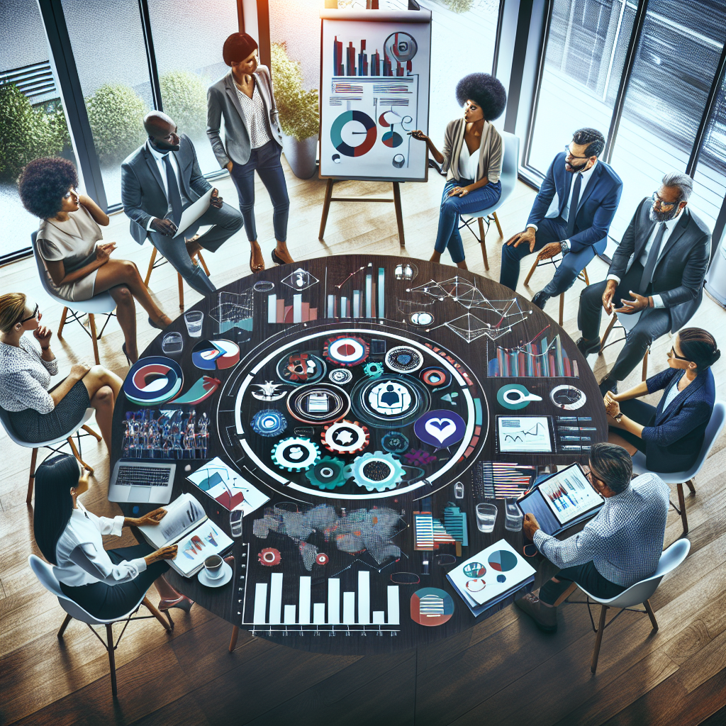 Generate an image of a bustling corporate office with salespeople actively engaged in strategic planning discussions around a 'No Cure No Pay' sales model. Include visual elements like graphs, charts, and a whiteboard displaying performance metrics, to highlight a results-driven environment promoting financial efficiency.
