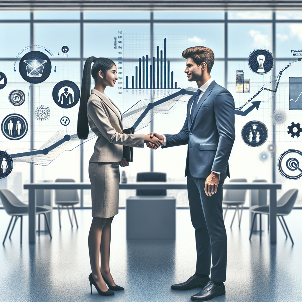 Generate an image of two business professionals shaking hands in a modern, well-lit office setting, symbolizing trust and partnership built through a 'No Cure No Pay' sales approach. The background should display success-related motifs like upward graphs, full trophy shelves, and positive review icons.