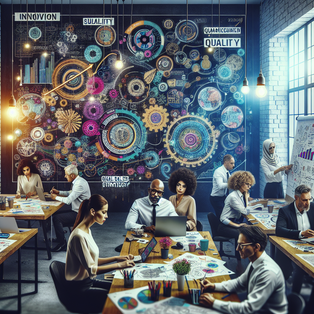 Generate an image of a creative workspace showcasing a team focused on implementing a quality-driven 'No Cure No Pay' sales strategy. Include elements like brainstorming boards, flowcharts, and team members enthusiastically collaborating, to depict innovation and a commitment to excellence in sales outreach.