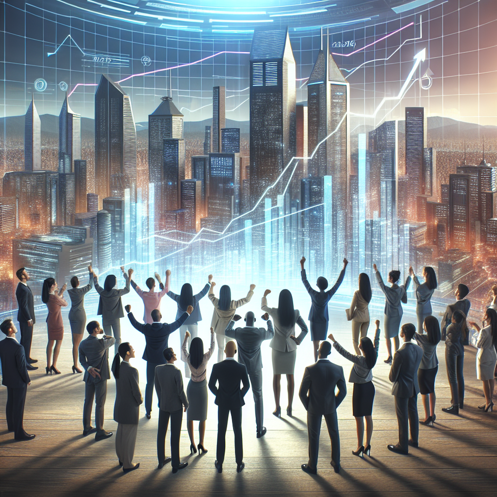 Generate an image of a futuristic cityscape as a metaphor for successful sales expansion through 'No Cure No Pay' tactics. Include digitally-rendered skyscrapers symbolizing growth, with a holographic display projecting rising sales trends and a diverse group of empowered salespeople celebrating in foreground.