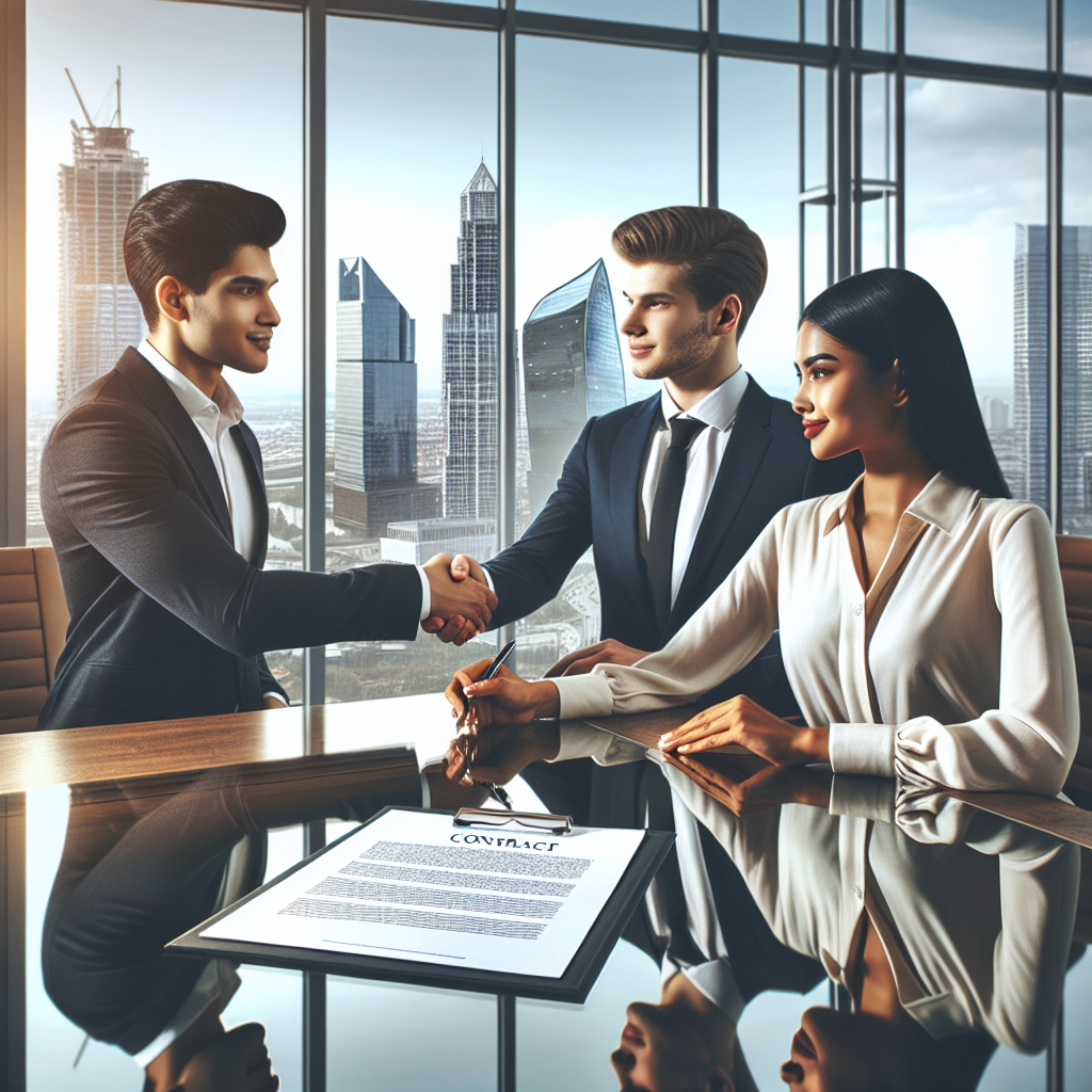 Generate an image of a handshake between two business professionals, symbolizing a successful partnership in a modern office setting. Include elements like a contract on the table and a skyline view from the window to represent business growth without large investments.