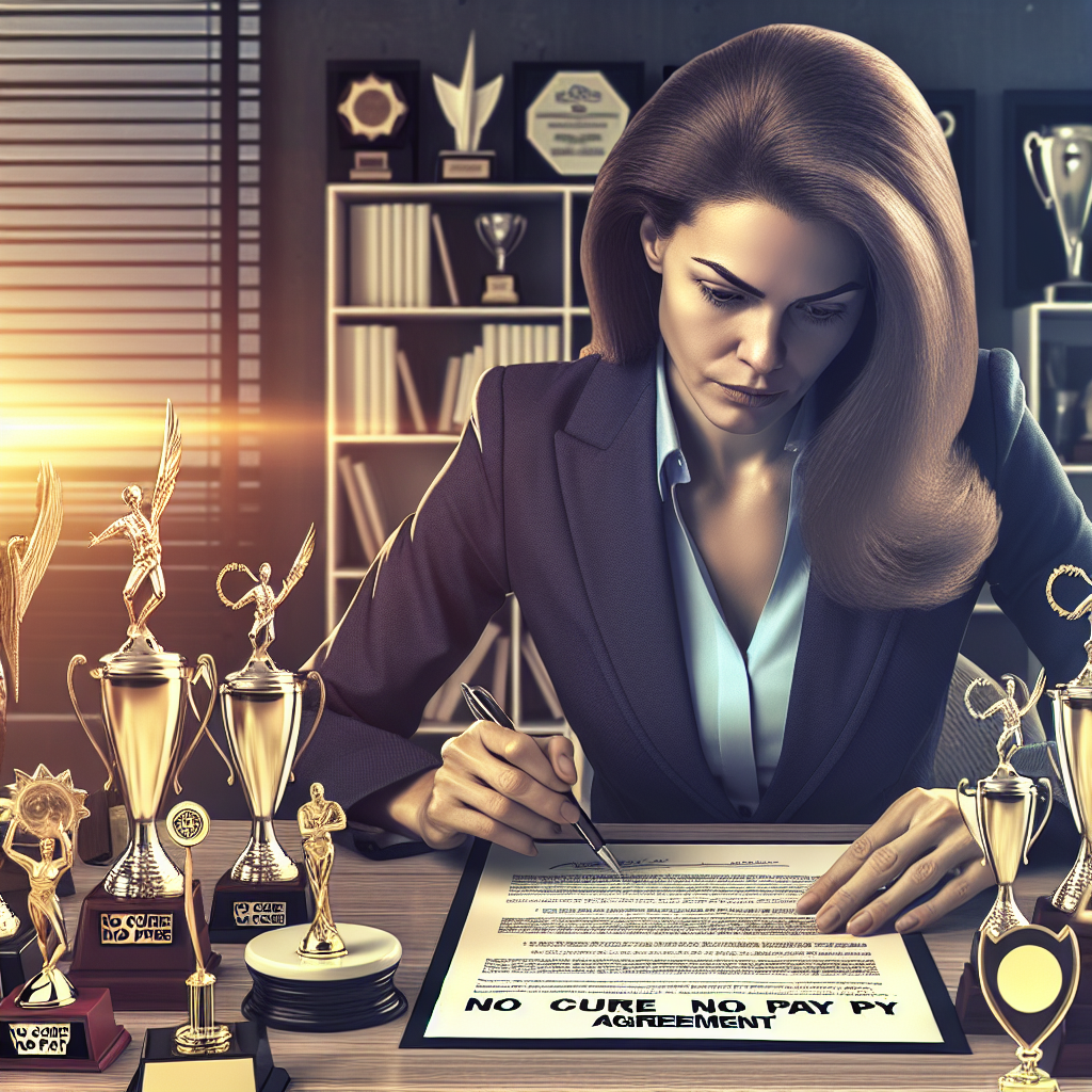 Generate an image of a confident businesswoman analyzing a 'No Cure No Pay' sales contract at her desk, with a thoughtful expression. The background should depict her office filled with successful deal trophies and awards, signifying trust and expertise in selecting the right sales company.