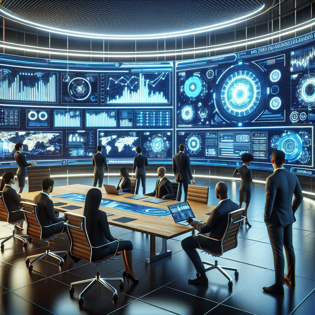 Generate an image of a futuristic sales operation room with digital screens showing real-time sales analytics and a team of professionals discussing strategies. The environment should have a tech-savvy vibe, showcasing the innovative approach and success-driven mindset of No Cure No Pay sales companies.