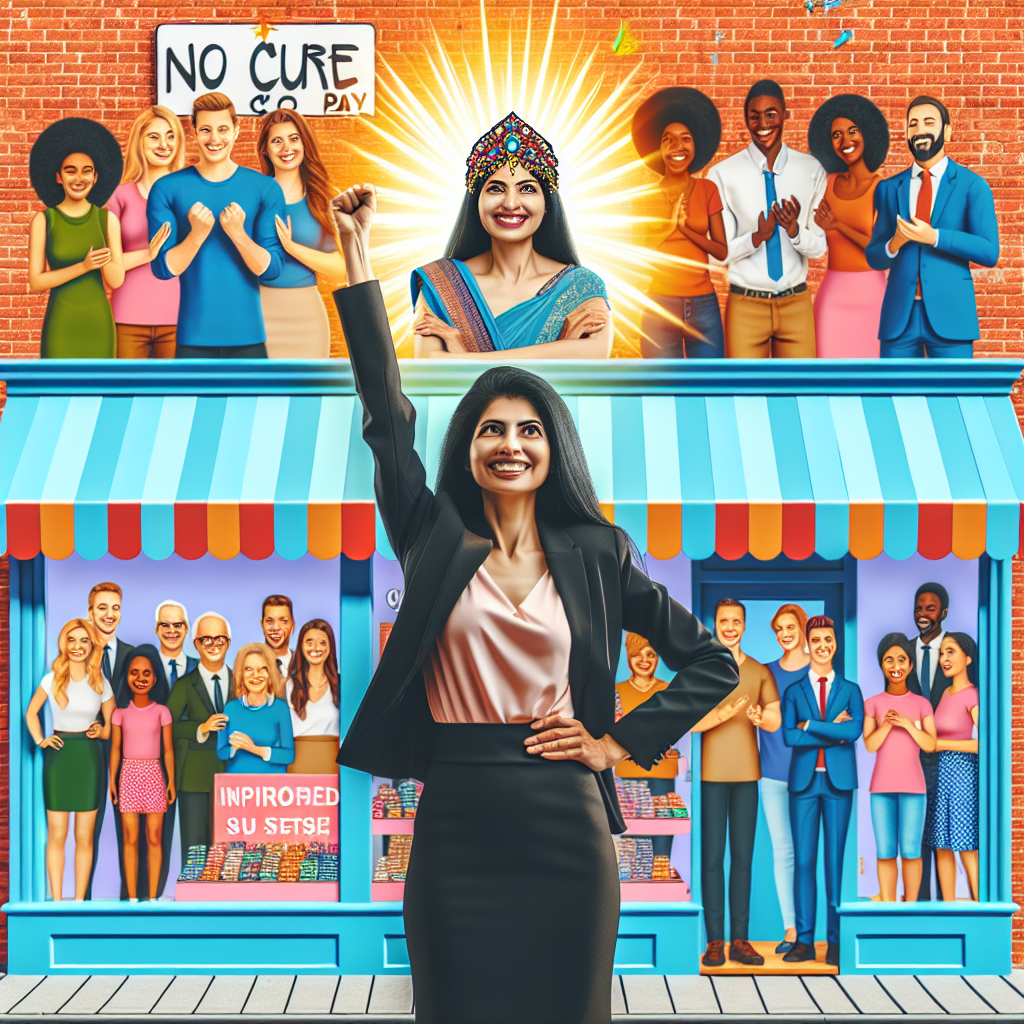 Generate an image depicting a small business owner standing triumphantly outside their store with a 'No Cure No Pay' sign overhead, symbolizing successful sales optimization. The setting is vibrant and welcoming, with customers happily engaging inside the shop, showcasing improved performance due to quality leads.