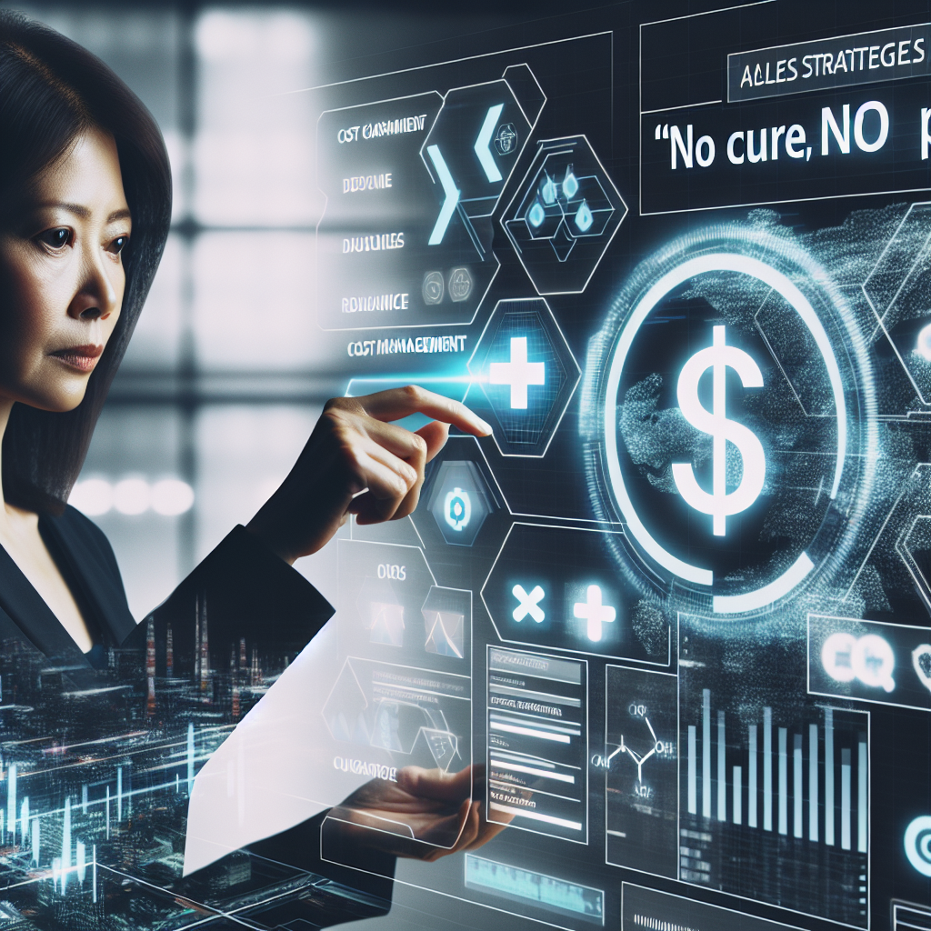 Generate an image illustrating a futuristic digital interface where a business professional analyzes graphs and metrics that display cost management and risk reduction. The digital screen highlights 'No Cure No Pay' sales strategy leading to enhanced business strength.