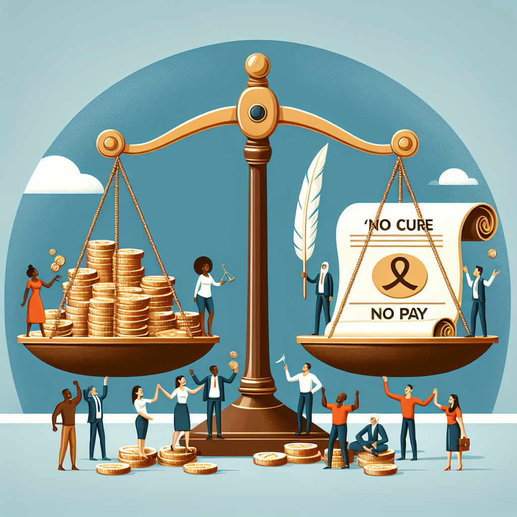 Generate an image of a balanced scale where one side is filled with coins and the other side with a 'No Cure No Pay' contract. In the background, a team collaborates joyfully, representing reduced financial risks and effective cost control achieved through qualitative sales leads.