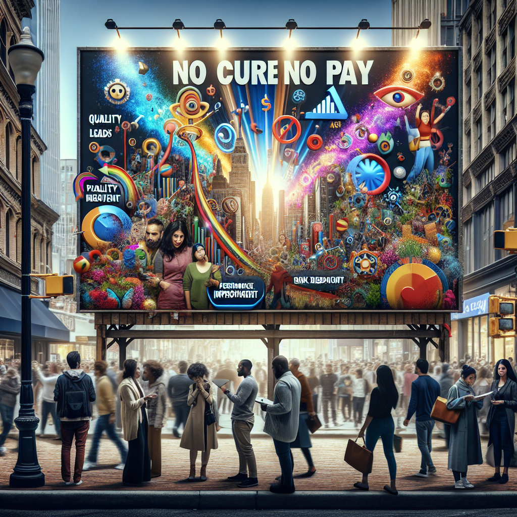 Generate an image of a vibrant advertising board in a bustling city street that highlights the concept of 'No Cure No Pay' sales strategy. The board is adorned with dynamic graphics and keywords like 'Quality Leads,' 'Performance Improvement,' and 'Risk Reduction,' drawing attention from diverse passersby.