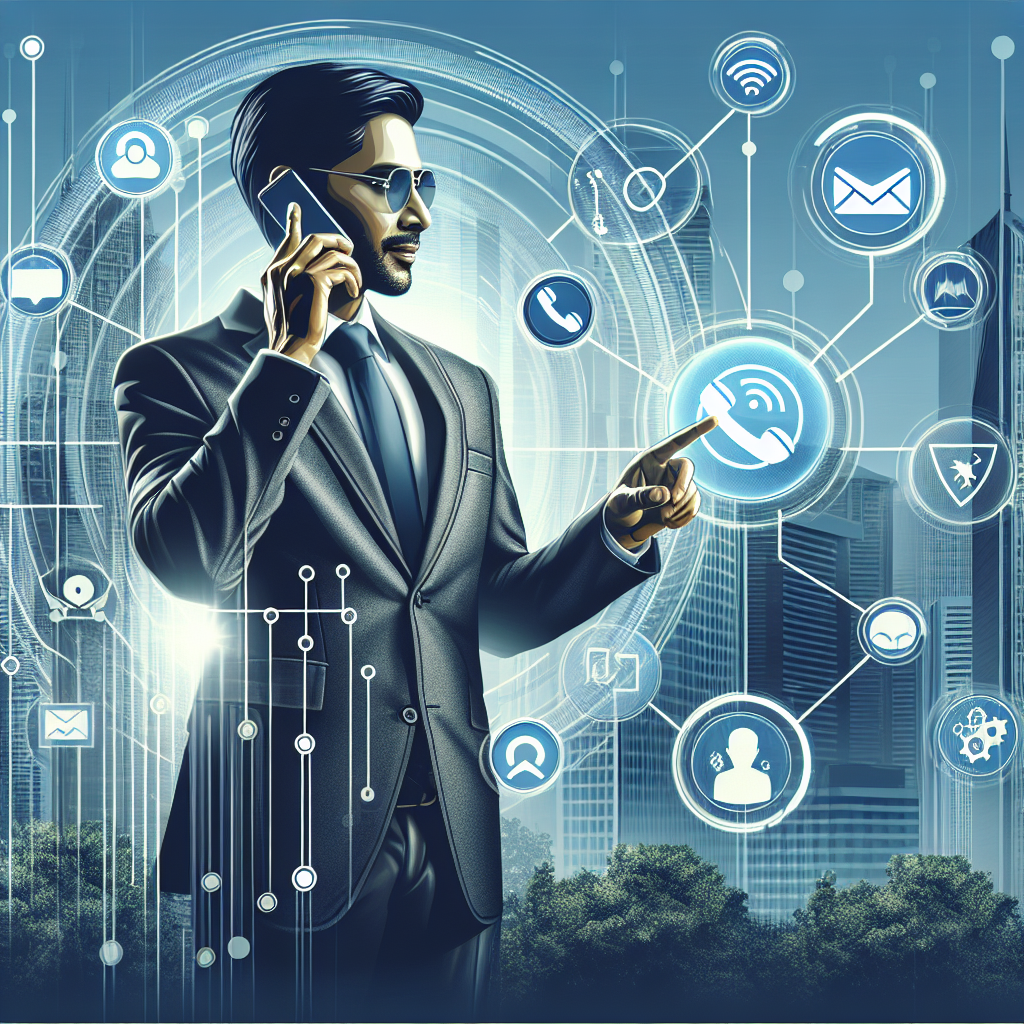 Generate an image illustrating the concept of cold acquisition in sales, showing a business professional making initial contacts through emails and calls, with digital communication icons and a cityscape in the background. The style should be modern and dynamic, highlighting the effort and outreach involved.