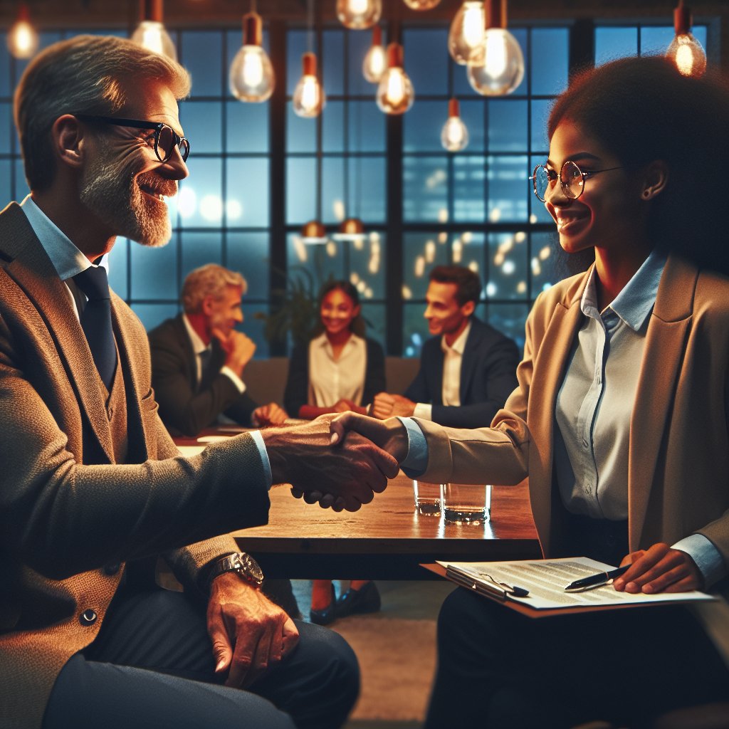 Generate an image depicting warm acquisition in marketing, featuring a friendly meeting between business partners in a cozy office setting. The focus should be on relationship-building, with warm lighting and a collaborative atmosphere, showcasing trust and partnership.
