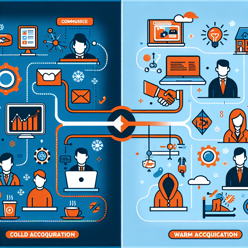 Generate an image comparing cold and warm acquisition strategies, split into two halves. On one side, illustrate cold acquisition with digital tools and distant communication. On the other, show warm acquisition with handshake and face-to-face interaction. The style should be infographic-like, clearly showing the differences.
