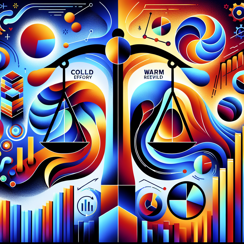 Generate an image presenting the challenges and benefits of both cold and warm acquisition strategies in a business context. Use symbolic imagery like scales balancing effort and reward, and include elements like graphs and charts. The style should be abstract, with vibrant colors to capture attention.