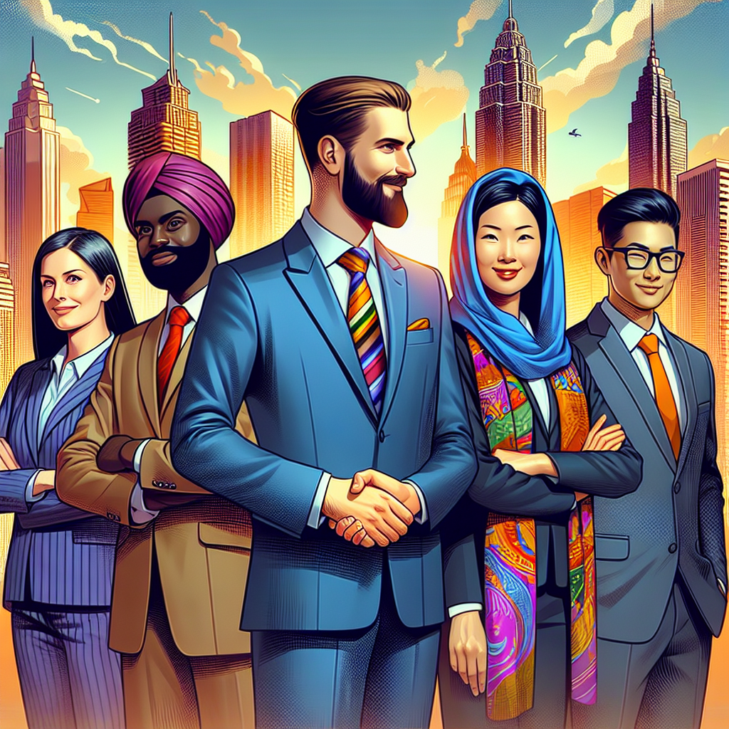 Generate an image of a businessman shaking hands with a group of diverse sales professionals, symbolizing the collaboration and partnership that comes with outsourcing sales. Include a cityscape in the background to indicate growth and expansion.
