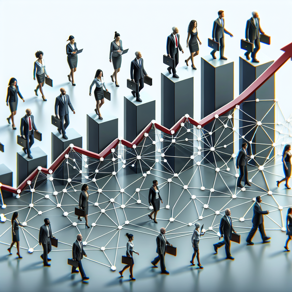 Generate an image of a scalable bar chart that transforms into a network of connected sales experts. The graph should start with a small bar and grow into a large, intricate network, symbolizing how outsourcing sales provides access to an experienced workforce.