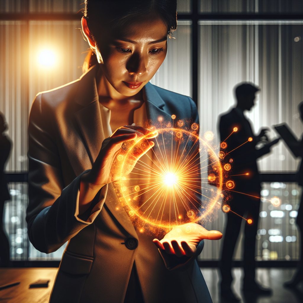 Generate an image of a businesswoman focusing intensely on a glowing core activity within her company, while silhouette figures in the background manage sales operations. The scene should symbolize the benefits of concentrating on core business functions while outsourcing sales tasks.