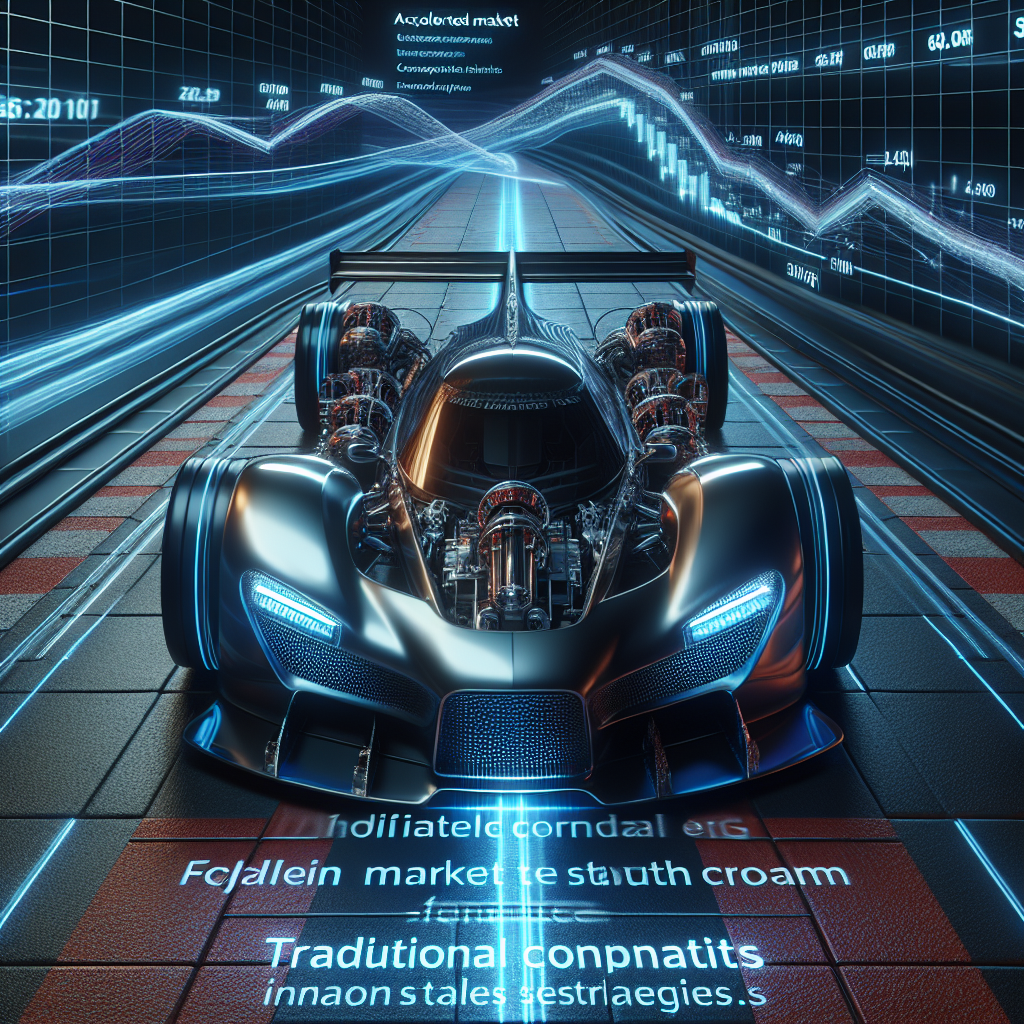 Generate an image of accelerated market growth using a sleek, futuristic vehicle racing on a track that represents the market. The vehicle, emblazoned with corporate logos, overcomes traditional competitors, illustrating the strategic advantage of increased market share through sales outsourcing.