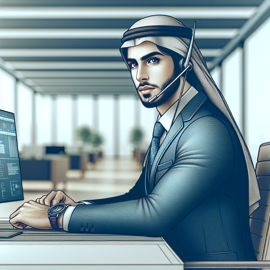 Generate an image of a business professional sitting at a modern desk, wearing a headset, and looking at a computer screen filled with contact information. The setting is an open office space with minimalistic design elements, capturing the essence of preparation for a B2B cold calling session.