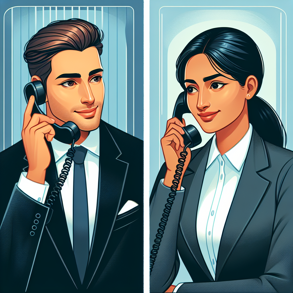 Generate an image of two individuals in smart business attire engaged in a phone conversation. The perspective is split-screen, showing both parties in their respective office environments. One side of the screen shows a confident and articulate speaker, while the other displays an attentive listener, emphasizing effective communication skills.