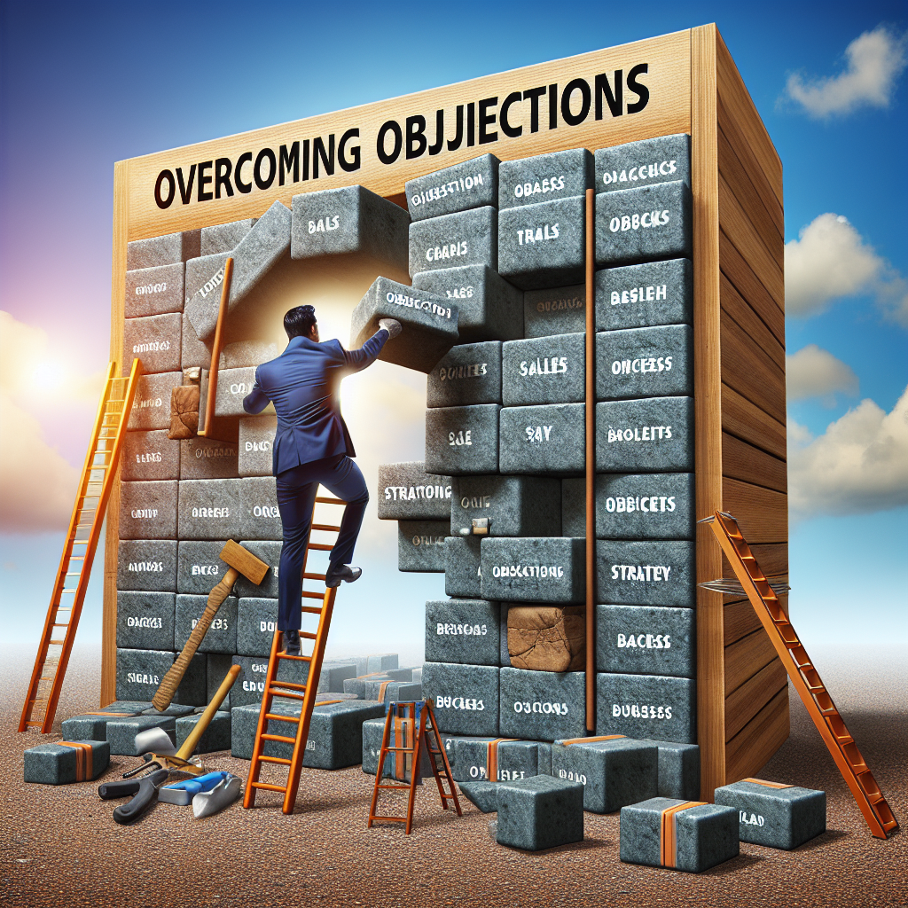 Generate an image depicting a metaphorical visual of overcoming objections in B2B sales. Illustrate a large wall made of blocks labeled with common objections and a determined businessperson using a ladder and tools to dismantle it, representing the strategy needed to address and overcome these challenges.