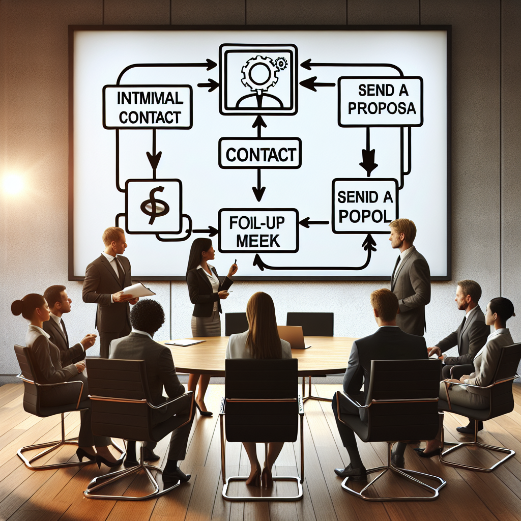 Generate an image showing a flowchart on a whiteboard in a modern meeting room. The flowchart includes steps like 'Initial Call', 'Follow-up Meeting', 'Proposal Sent', and 'Deal Closed', with arrows connecting each stage. A diverse group of businesspeople are gathered around, discussing their strategy and planning the next steps in building client relationships.