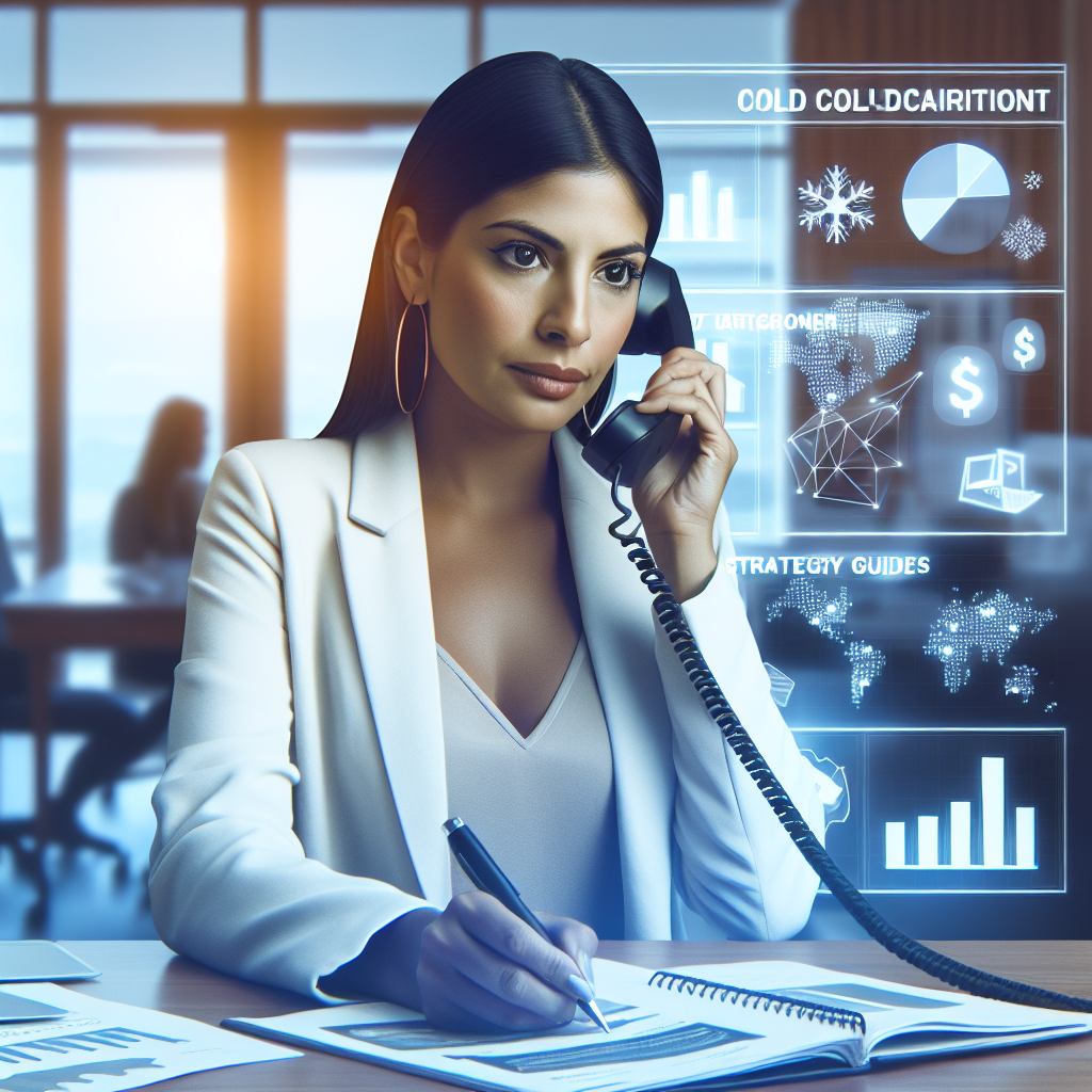 Generate an image depicting a business professional confidently making a cold call to a potential client. The setting should be a modern office, with the professional's desk cluttered with notes and strategy guides. The expression on their face should convey determination and confidence, visually representing the power of cold acquisition.