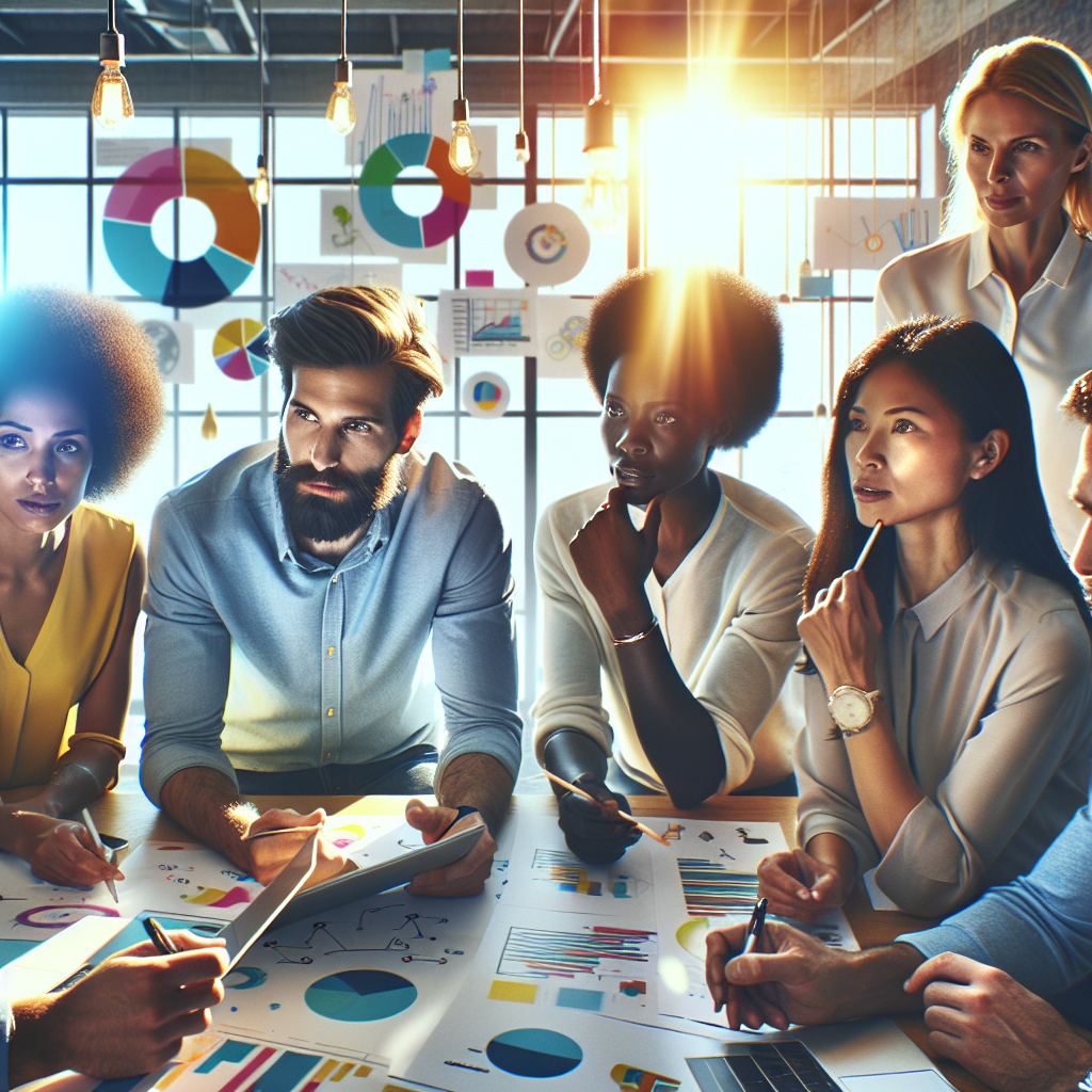 Generate an image of a diverse team in a bright, open workspace, actively engaged in a strategy session. The team is using various tools like charts, laptops, and whiteboards to craft targeted strategies. The focus should be on collaboration and innovation, symbolizing goal-oriented strategies in business acquisition.