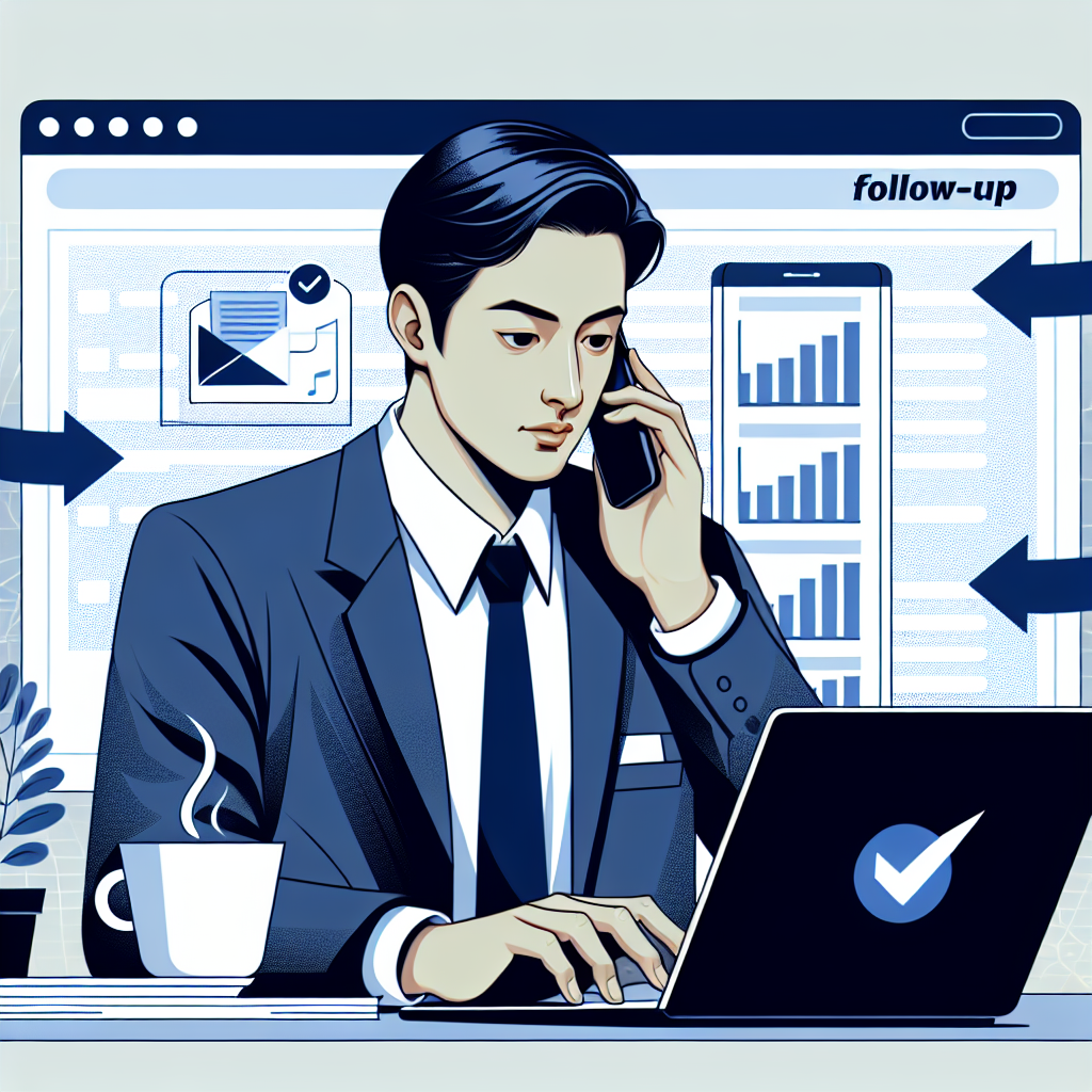 Generate an image of a business professional diligently following up with clients via emails and phone calls. The image should include a digital tracker or planner visibly highlighting follow-up tasks. The professional is depicted in a focused environment, representing the importance of follow-up in acquisition.