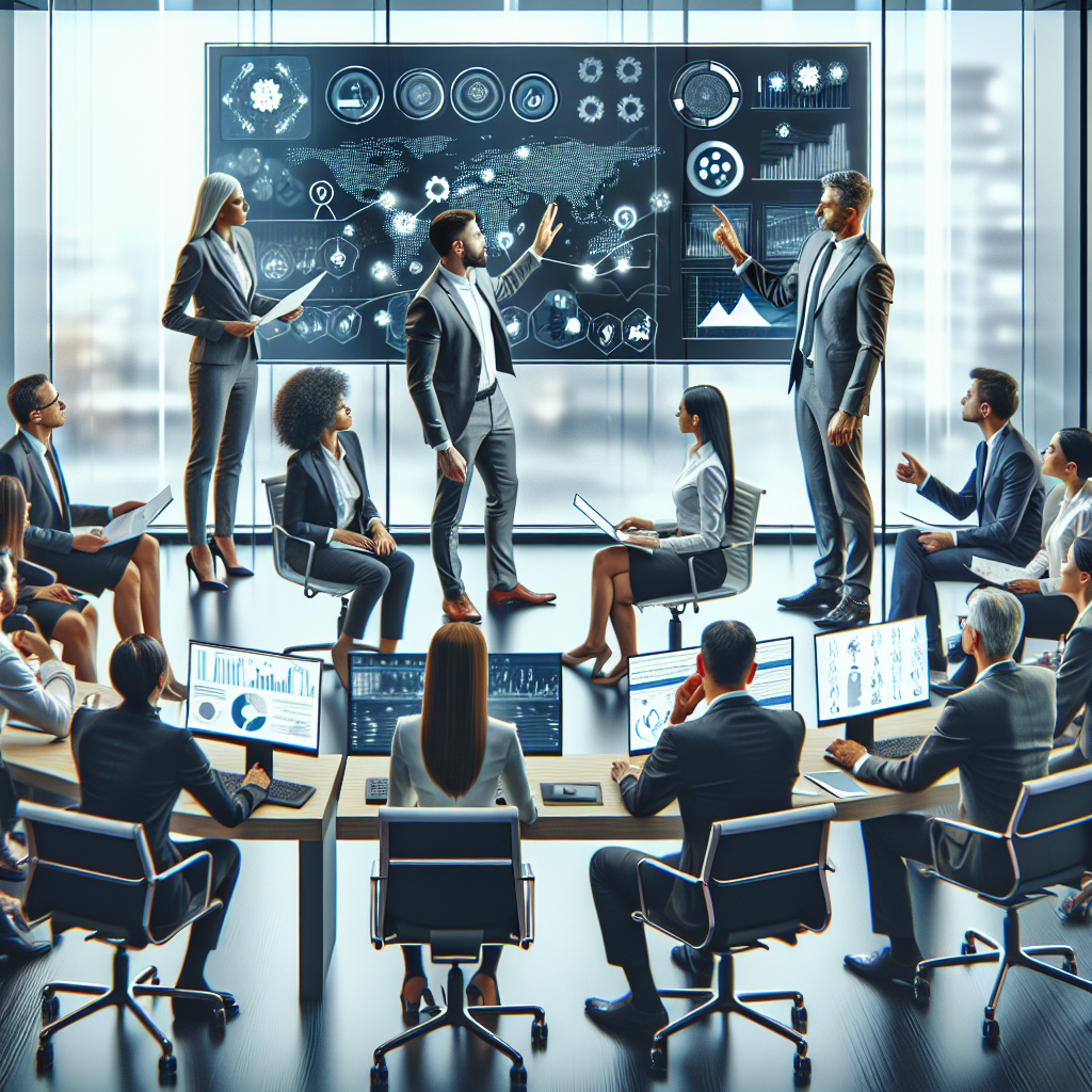 Generate an image illustrating a corporate training session. A group of professionals is seen engaging with a dynamic trainer using interactive technology. The setting is an advanced training room filled with educational materials, symbolizing investment in training for improved sales performance and customer relationship building.