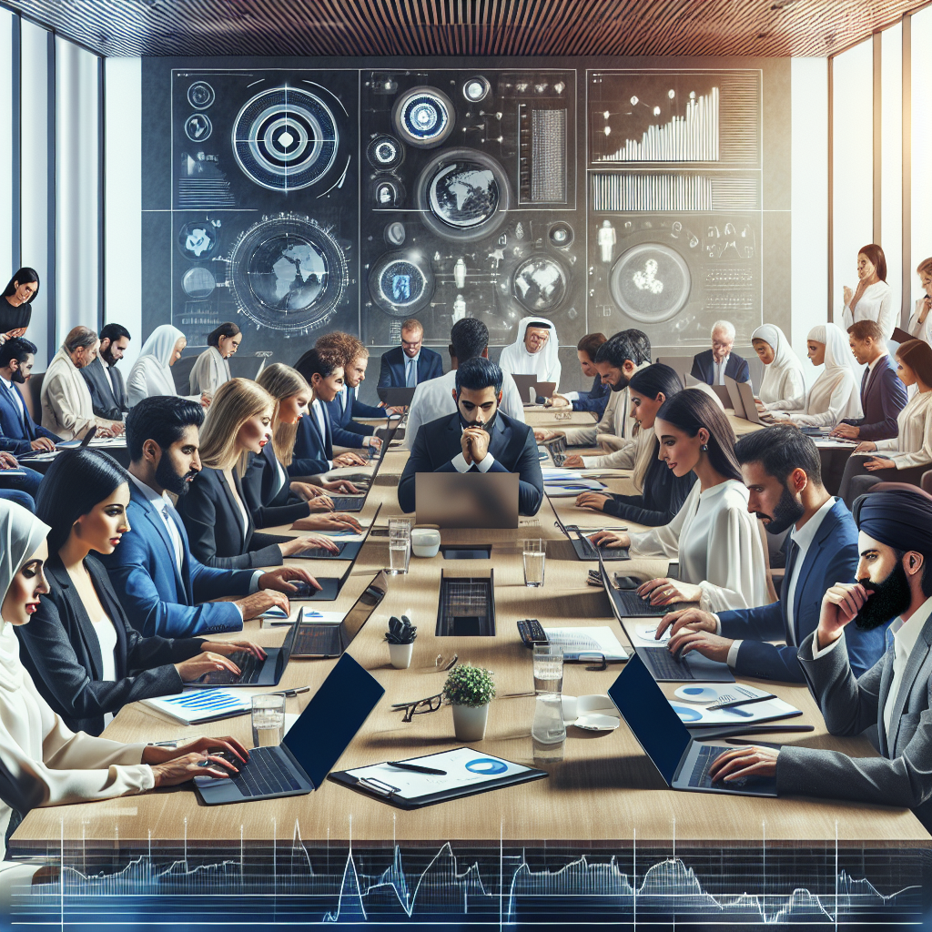 Generate an image illustrating a dynamic business meeting with professionals engaging in goal-oriented prospecting. The scene is set in a modern conference room, with diverse team members collaborating over laptops and charts, highlighting a strategic and forward-thinking atmosphere. Include visual elements like graphs and target symbols to emphasize effective acquisition strategies.