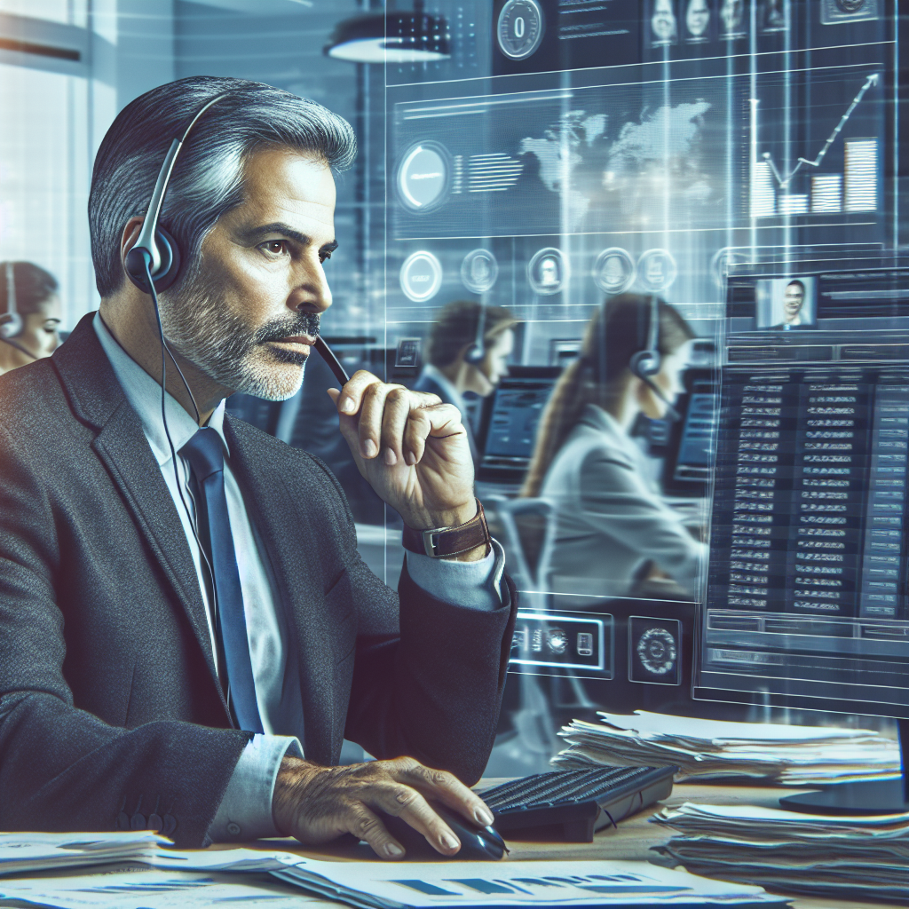 Generate an image of a salesperson confidently executing cold acquisition calls in a bustling office environment. The person is depicted with a headset and focused expression, surrounded by documents and a computer displaying a busy calling dashboard. The image conveys energy, persistence, and the importance of communication skills in sales.