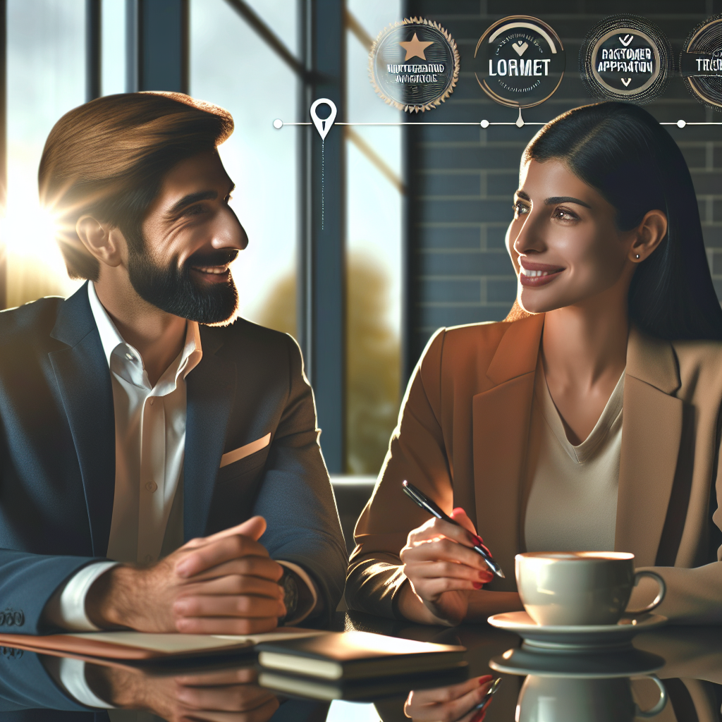 Generate an image showing relationship management in action, with a salesperson meeting a long-term client in a sleek, modern café. The setting exudes warmth and trust, with both parties smiling over a casual conversation. The background should include subtle elements like brand logos and customer appreciation awards to symbolize strong client relationships.
