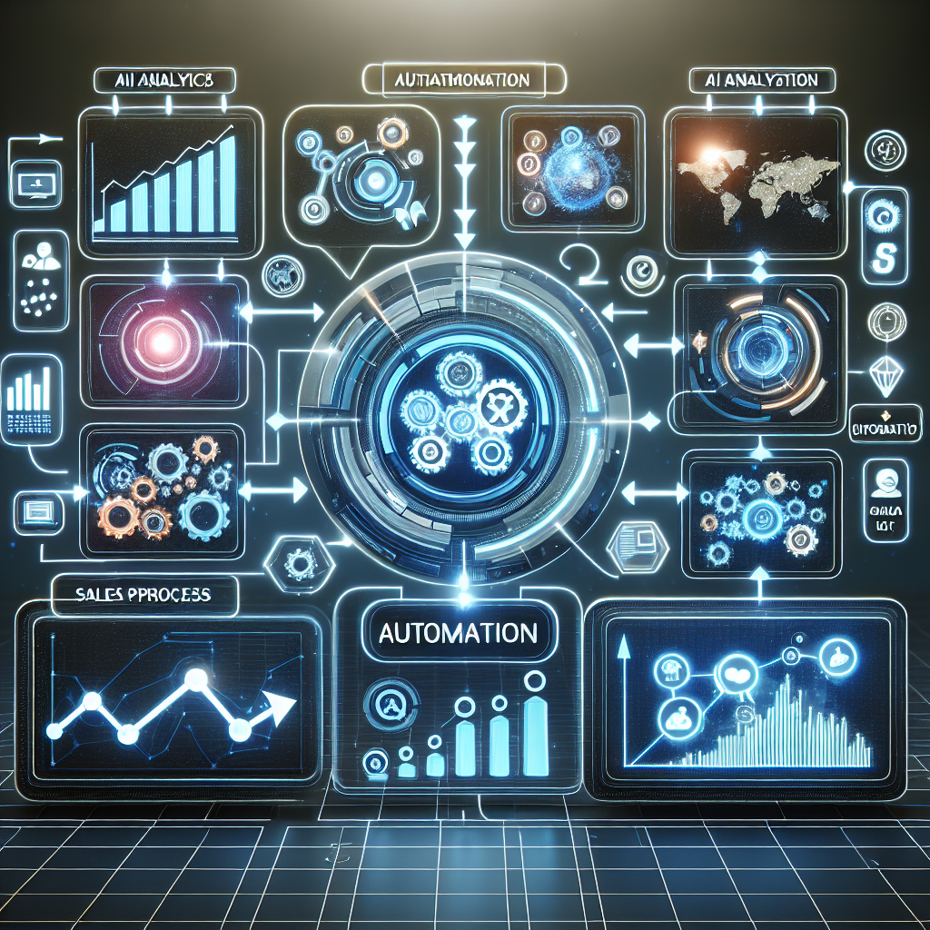 Generate an image of sales process optimization depicted as a futuristic digital dashboard. The dashboard is filled with interactive charts, AI analytics, automation icons, and arrows guiding the sales process. The scene symbolizes innovation, efficiency, and the use of technology to improve B2B sales outcomes.