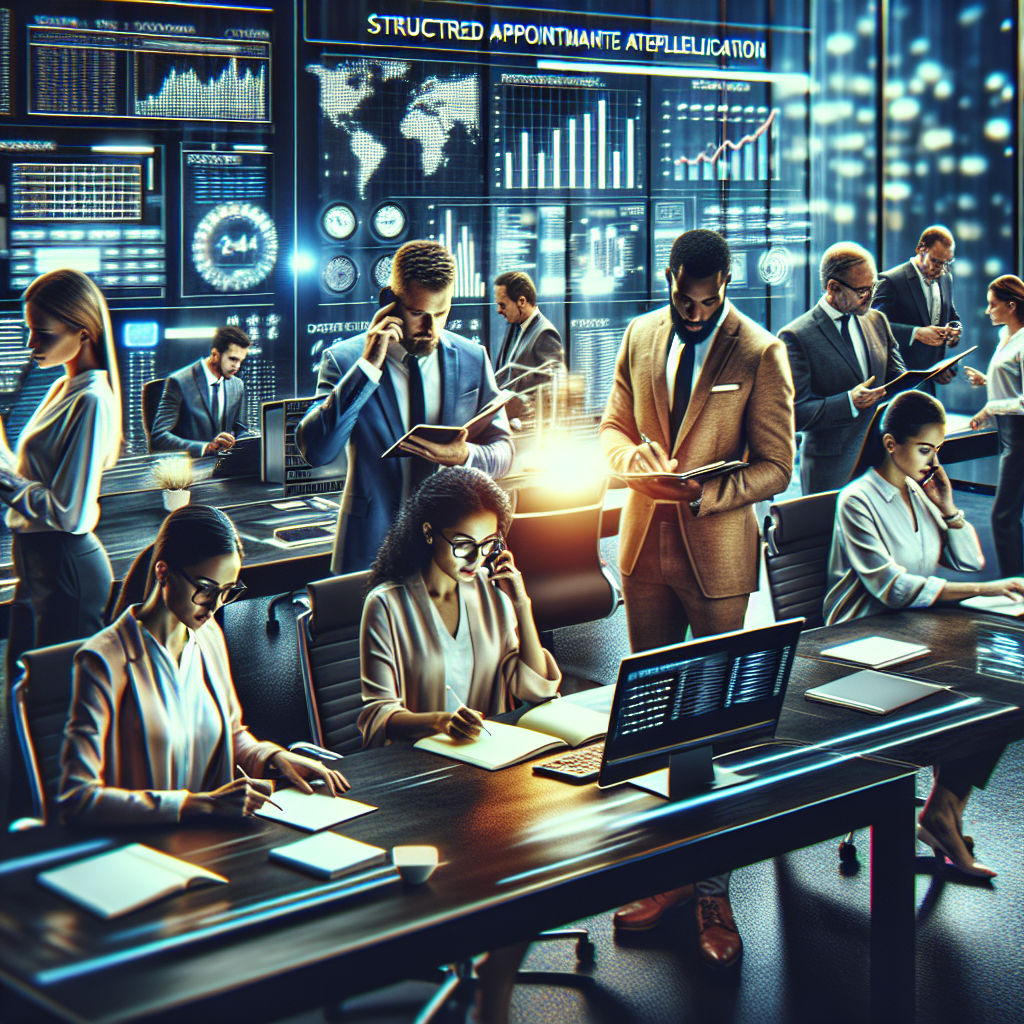 Generate an image of a bustling office scene where a team of professional appointment planners are engaged in structured phone calls. The image should depict an organized workspace with each planner focused on their tasks, surrounded by notes and digital screens showing data insights and schedules. Emphasize a sense of efficiency and collaboration, with bright lighting and modern office design.
