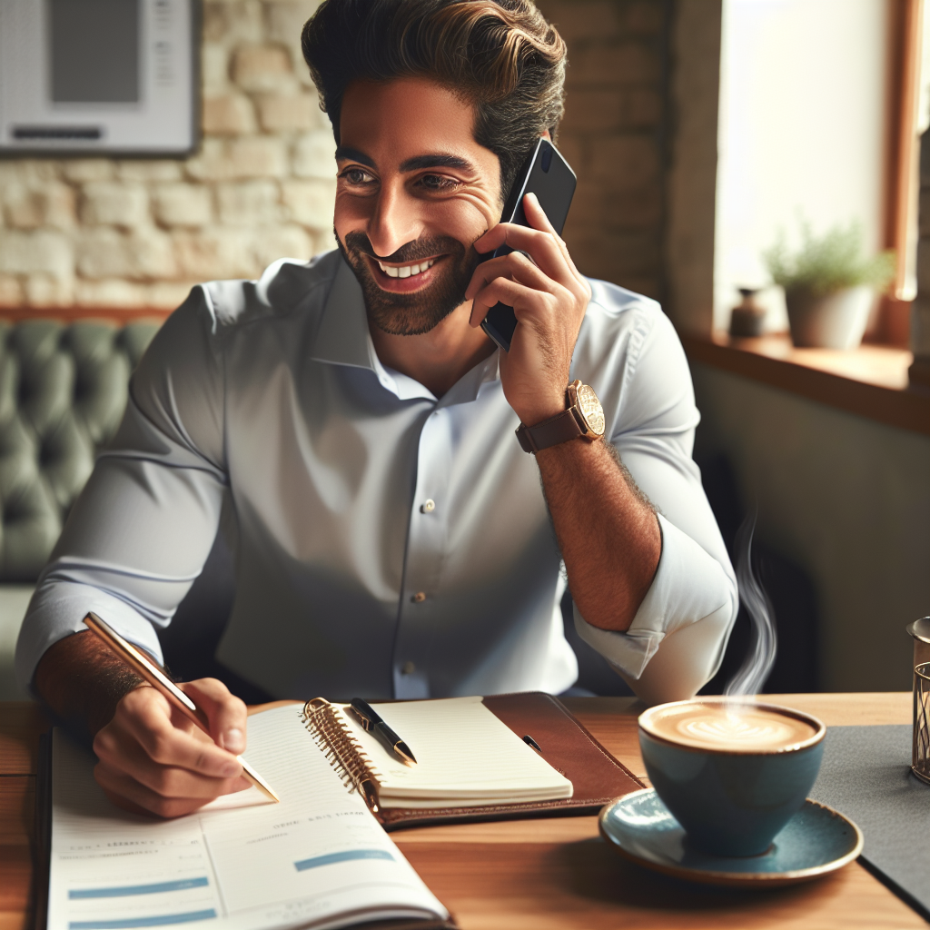 Generate an image of a person having an empathetic and engaging phone conversation with a client. The setting should be cozy and professional, highlighting the emotional connection through the visual of a friendly smile and attentive listening posture. Include subtle details like a cup of coffee, a planner notebook, and a serene atmosphere, suggesting a positive and productive dialogue.