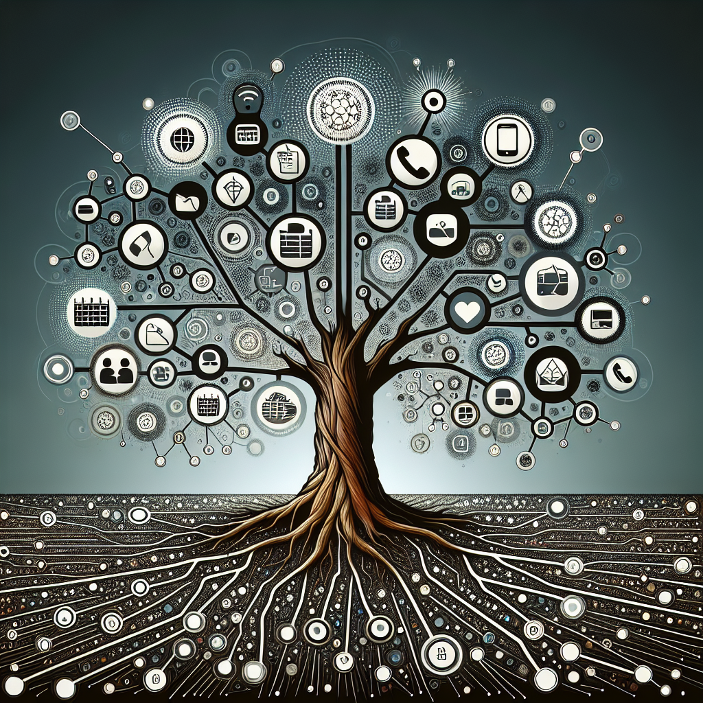 Generate an image of a metaphorical representation of building customer relationships through structured telephone acquisition. Visualize this as a tree with deep roots, symbolizing strong foundations, and branches reaching out with various connection points like phones, calendars, and network lines. The scene should be creative and artistic, capturing the essence of growth and connection.