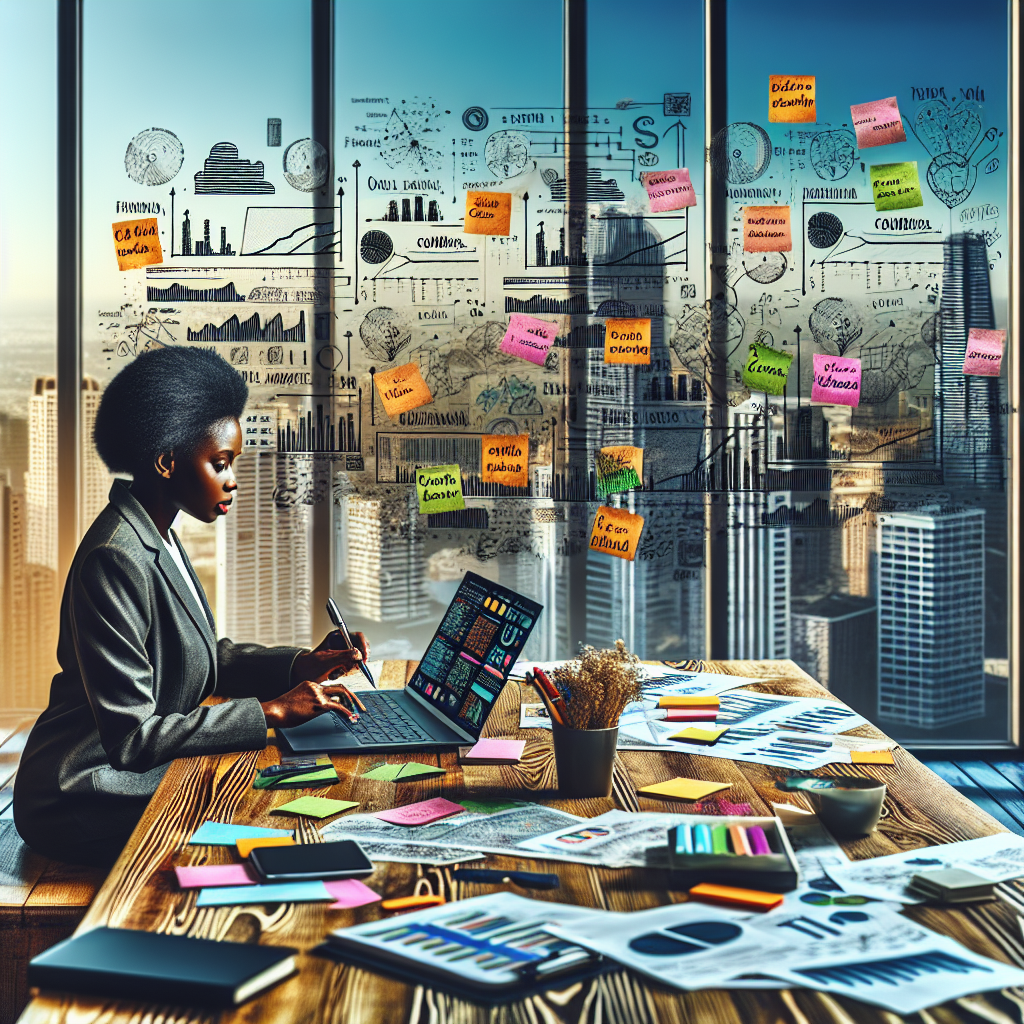 Generate an image of a business professional at their desk, meticulously preparing for a cold call. The desk is filled with notes, a laptop displaying a customer database, and motivational quotes on sticky notes. The room has large windows showing a city skyline, symbolizing opportunities.