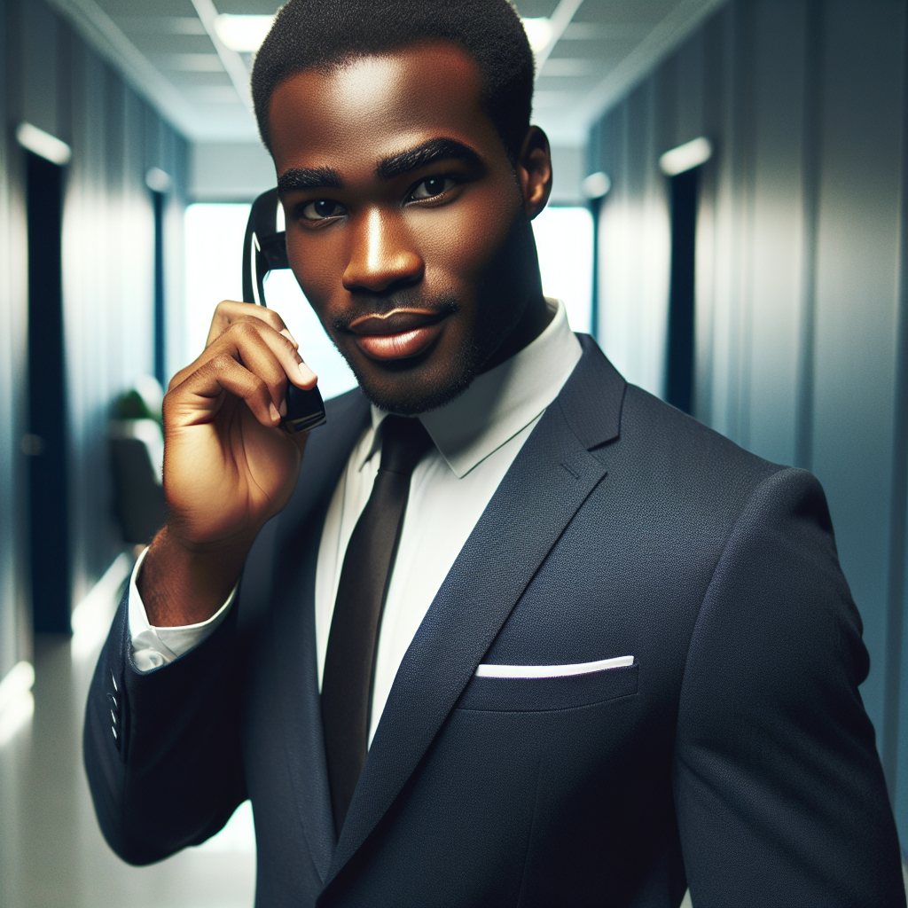 Generate an image depicting a confident sales representative in an office hallway, about to make a cold call. They appear determined and well-prepared, with a slight smile, wearing a professional suit. The lighting casts a confident aura around them, embodying a strong first impression.